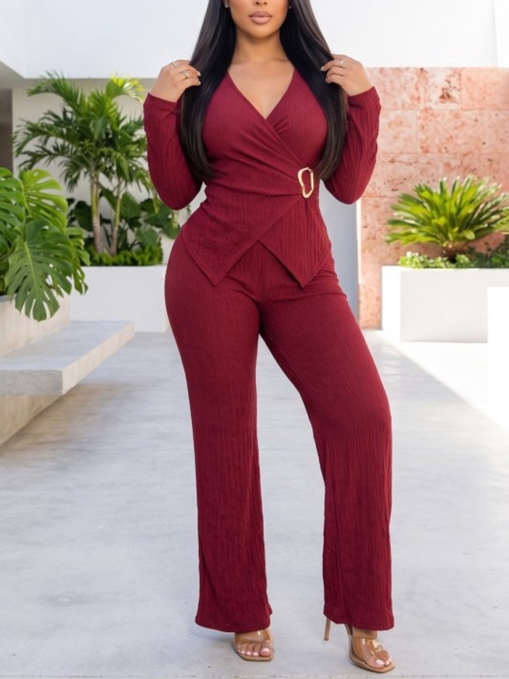 Women's Ribbed Wrap Pantsuit w/Gold Buckle - Burgundy ST-88516-3CLRS